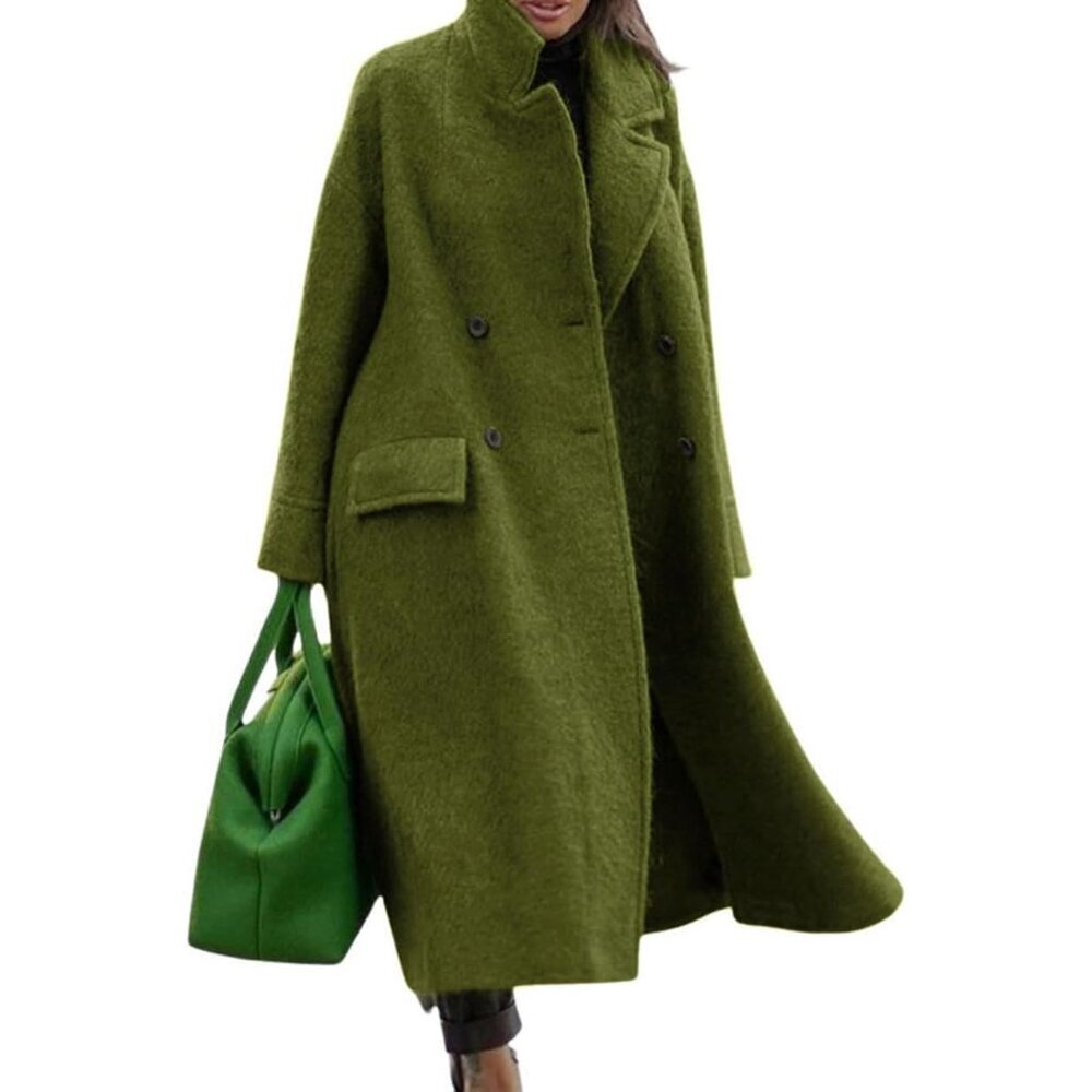 Women Oversized Wool Blend Long Winter Coat Pea Trench Elegant Overcoat